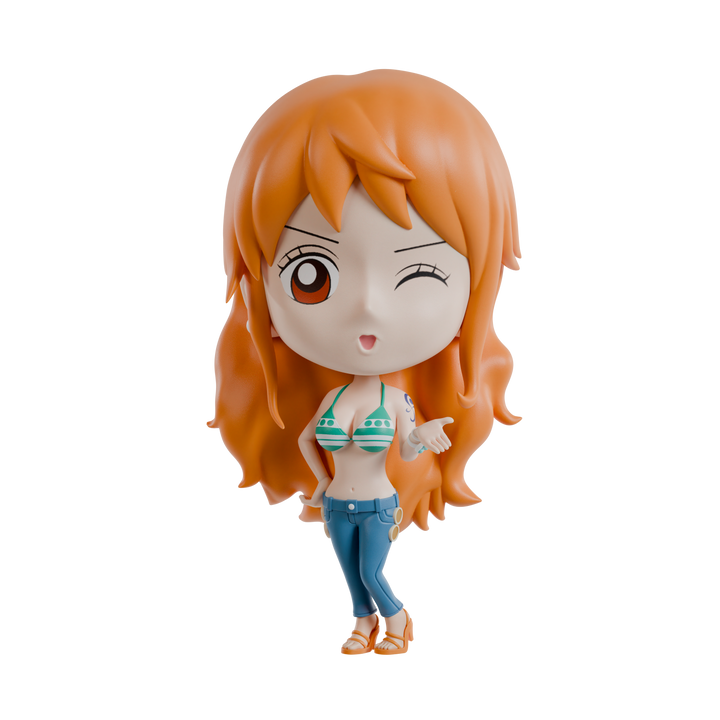 Anime character figurine with orange hair and a bikini top on a white background