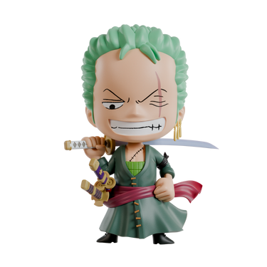 Action figure of a character with green hair and a sword on a white background