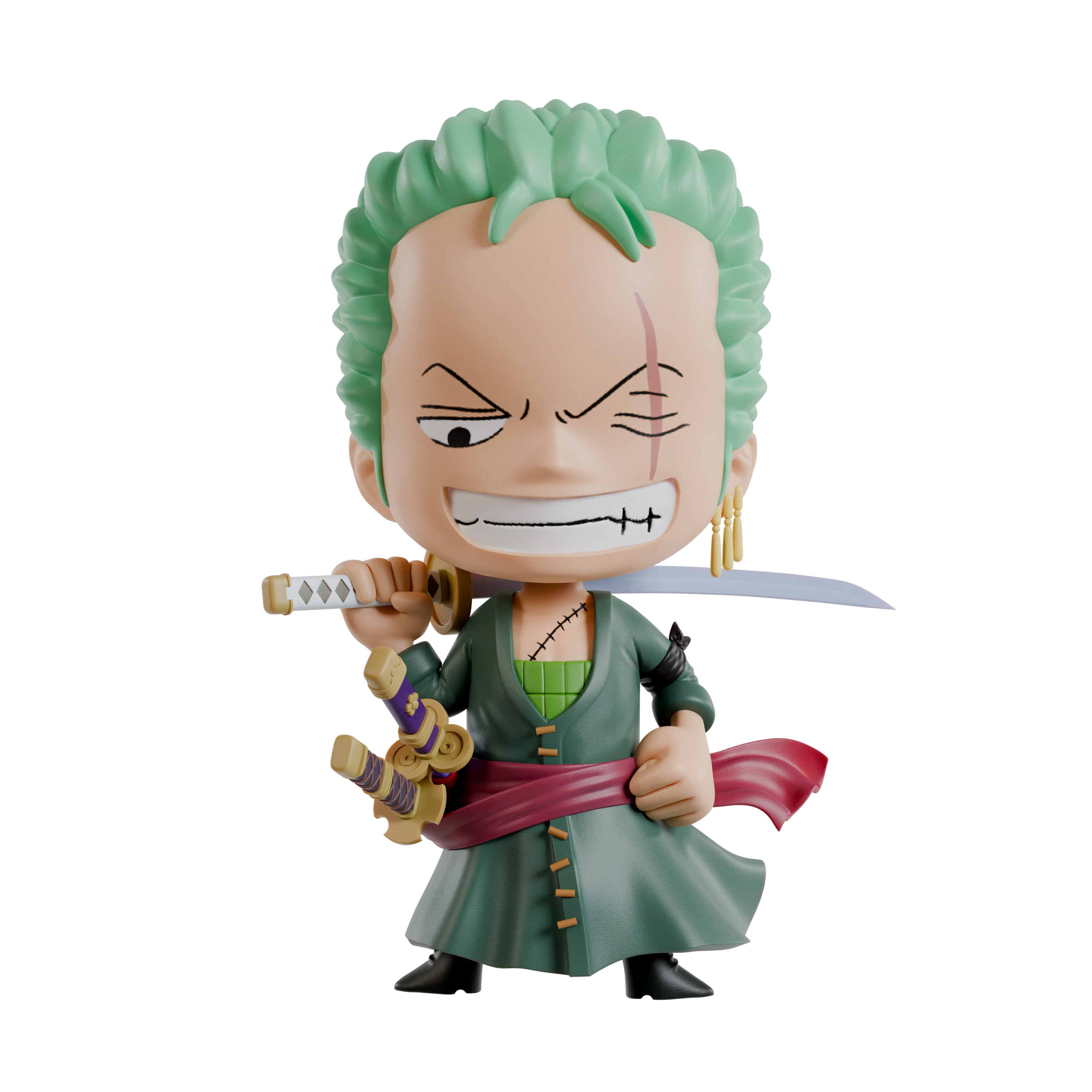 Action figure of a character with green hair and a sword on a white background