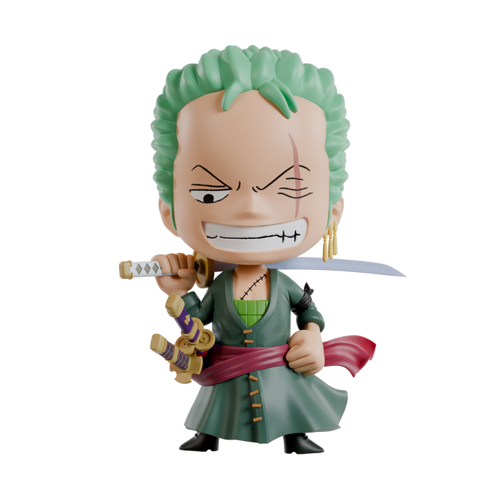 Action figure of a character with green hair and a sword on a white background