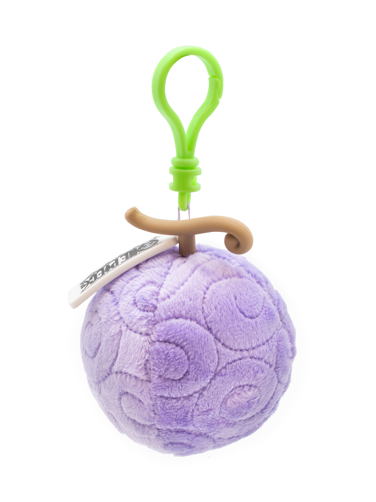 Purple textured ball with a green clip on a white background