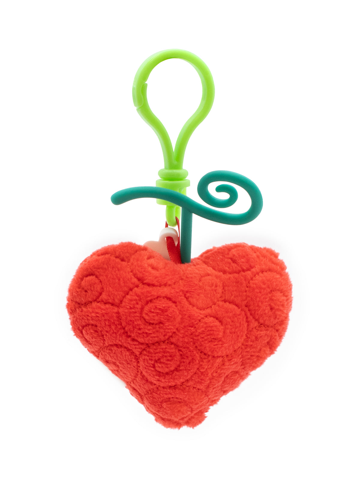 Red heart-shaped toy with a green handle on a white background