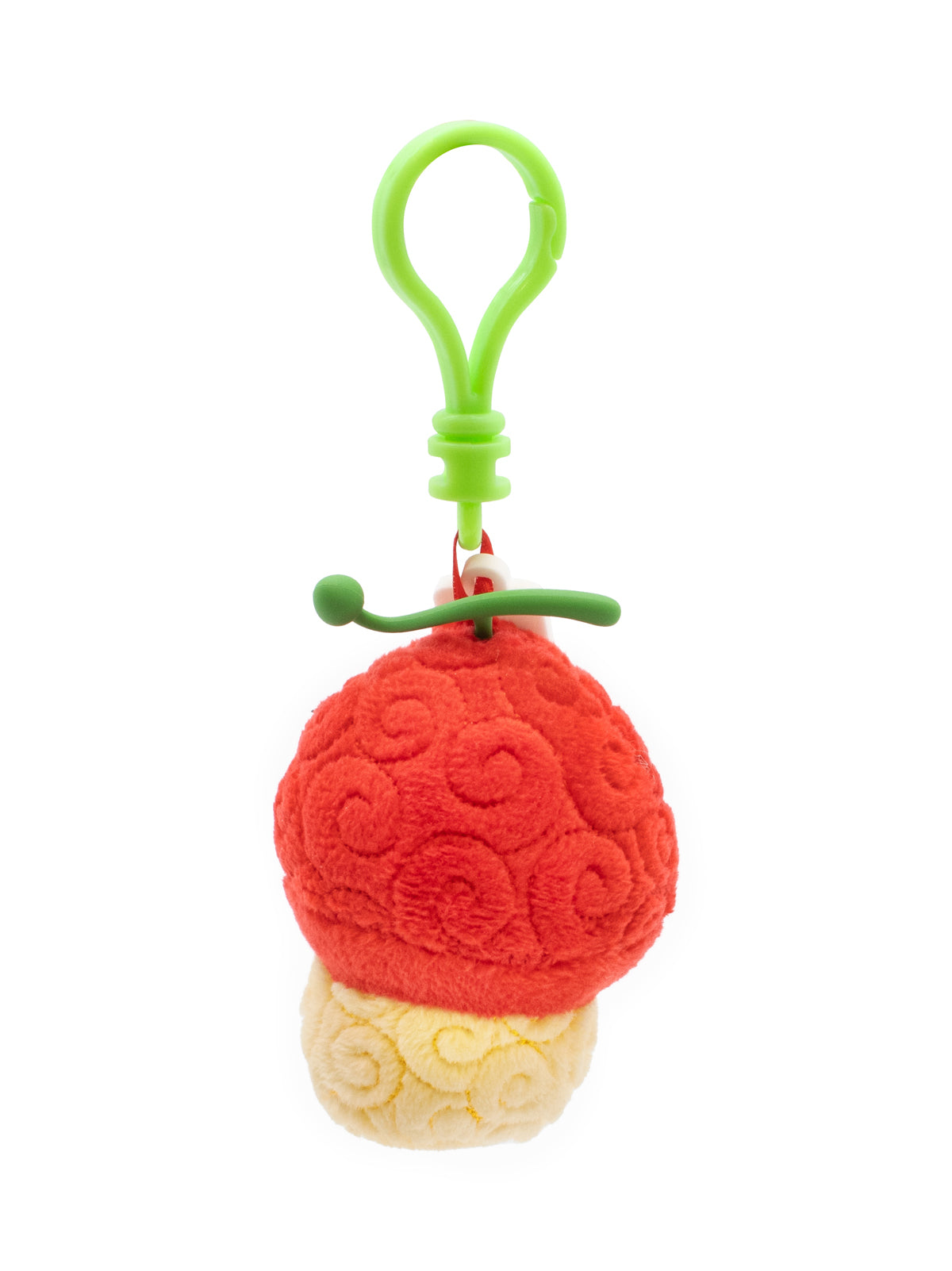 Red and beige textured keychain with green handle on a white background