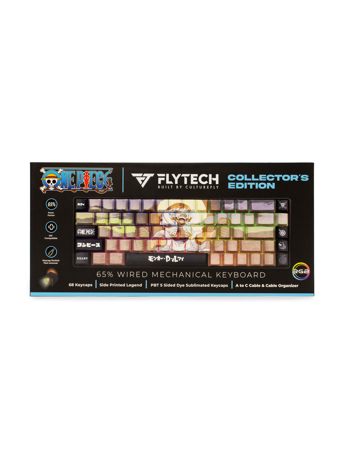 Flytech Collector's Edition 65% Wired Mechanical Keyboard in its original packaging, featuring a black box with anime artwork and a window displaying the colorful keyboard keys.