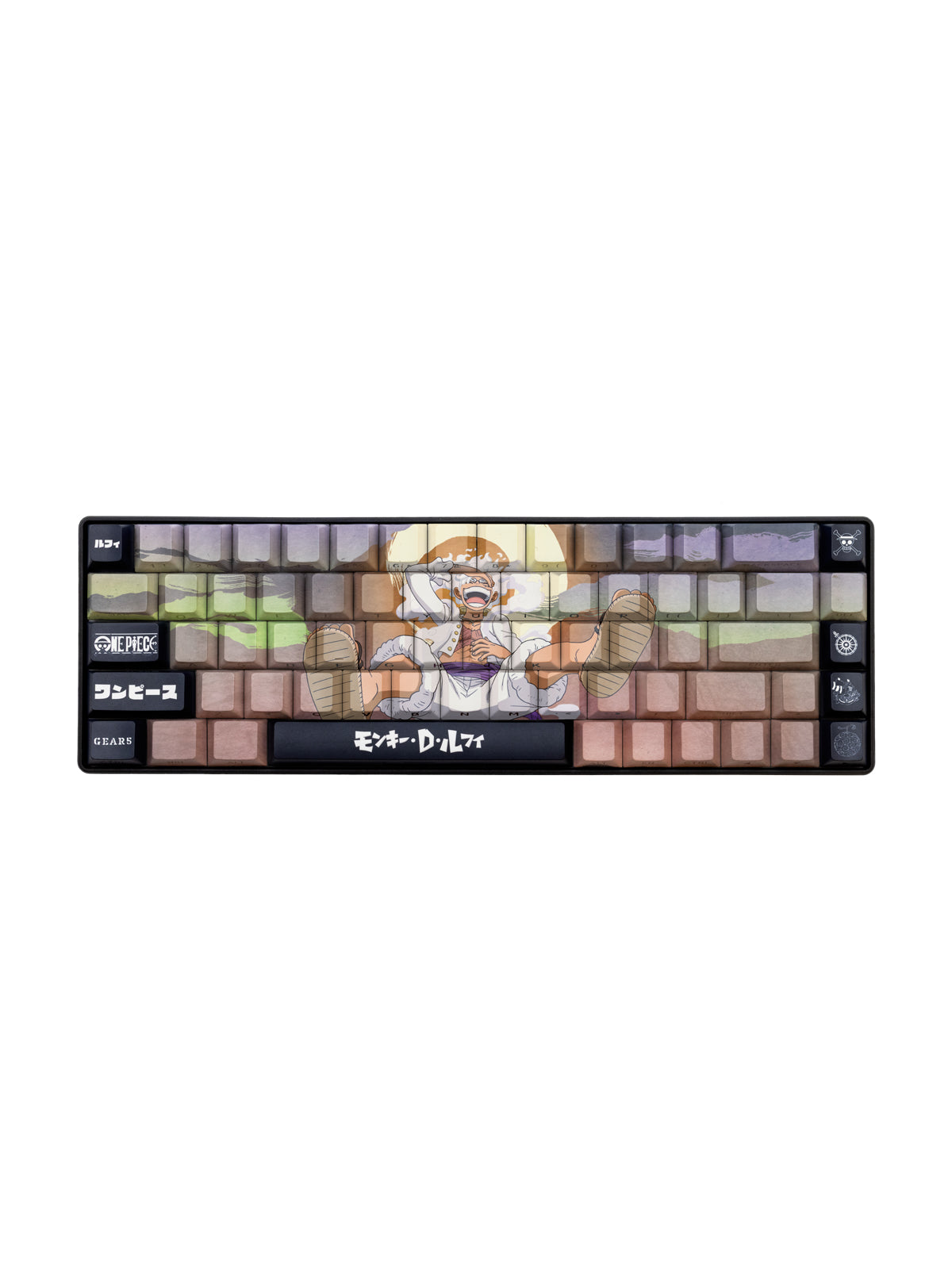 A compact mechanical keyboard with a custom printed keycap layout featuring an anime character from One Piece