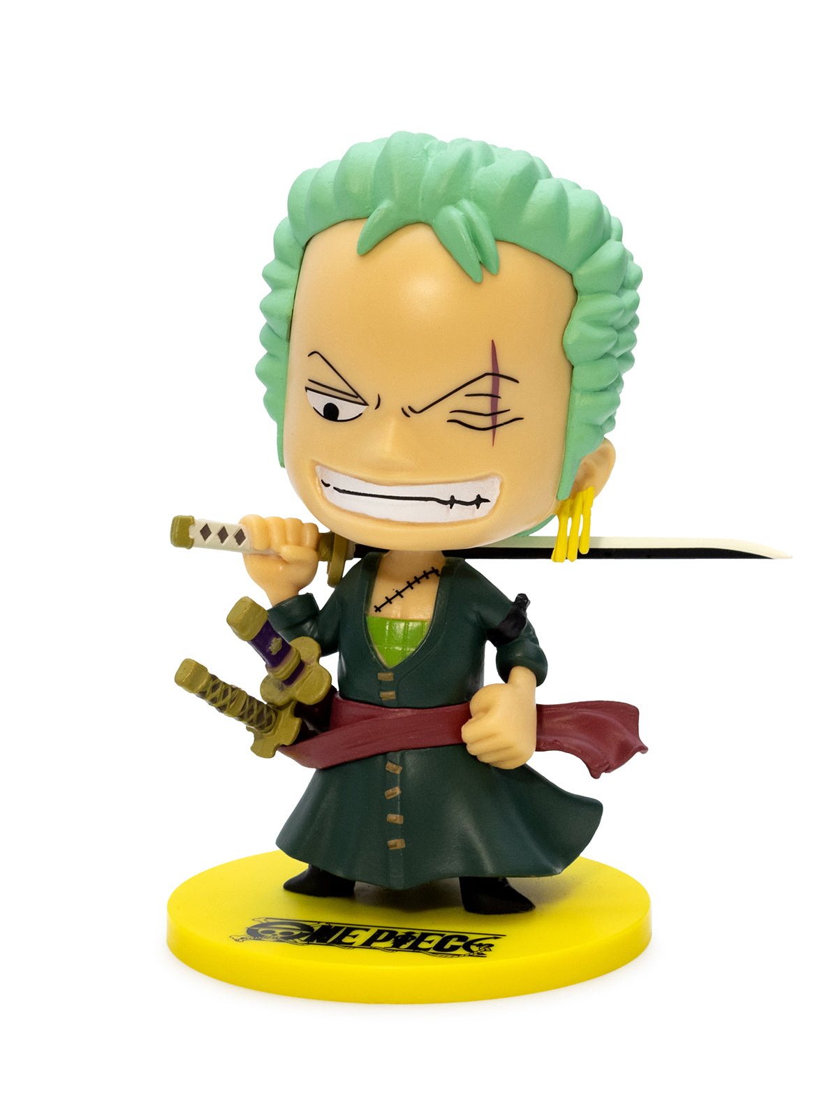Toy figure of a character with green hair and a green outfit on a white background