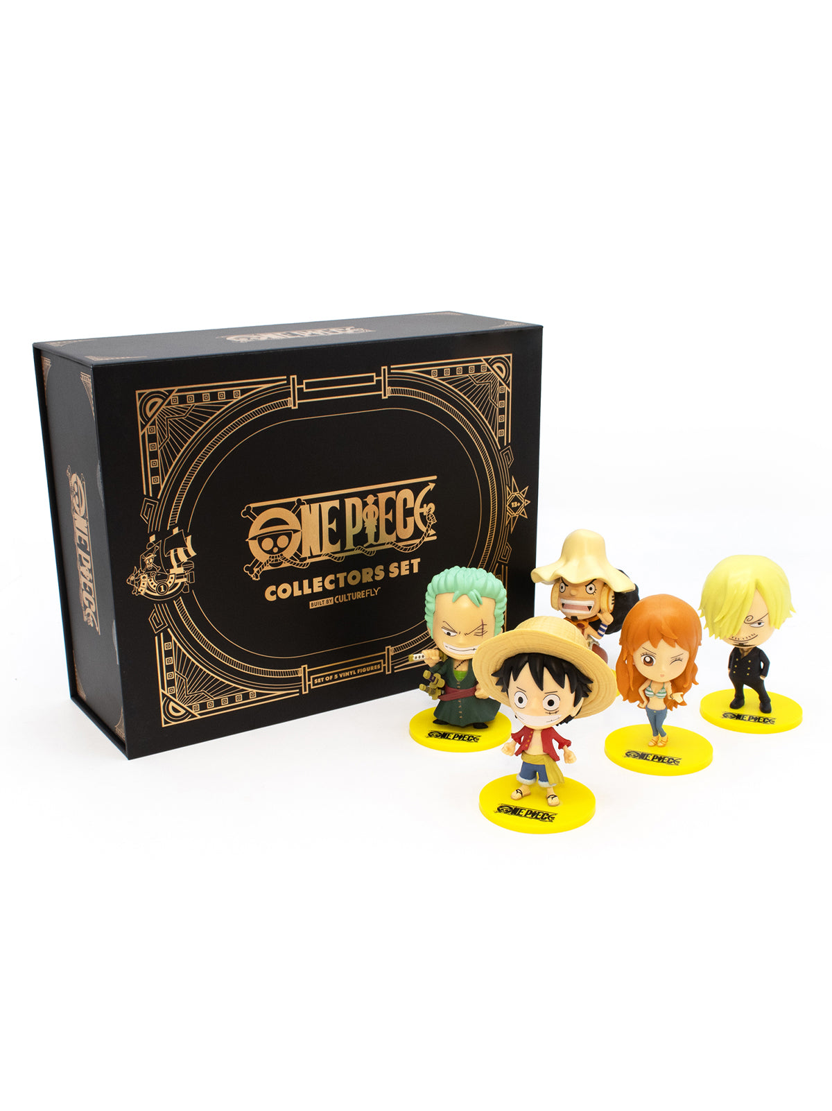 One Piece collectors set with figures and packaging on a white background