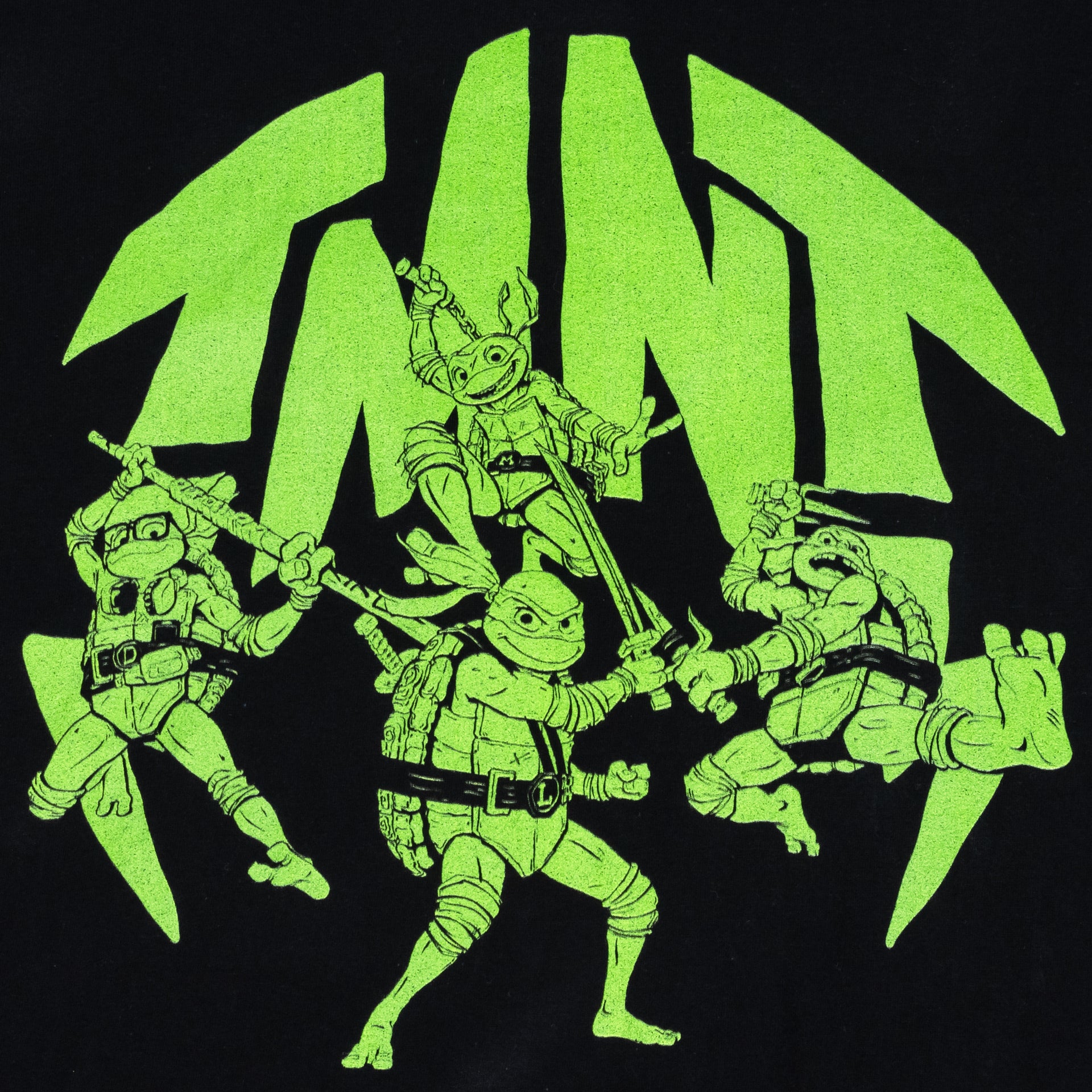 image on shirt: 4 ninja turtles: donatello, michelangelo, leonardo, raphael. text: tmnt