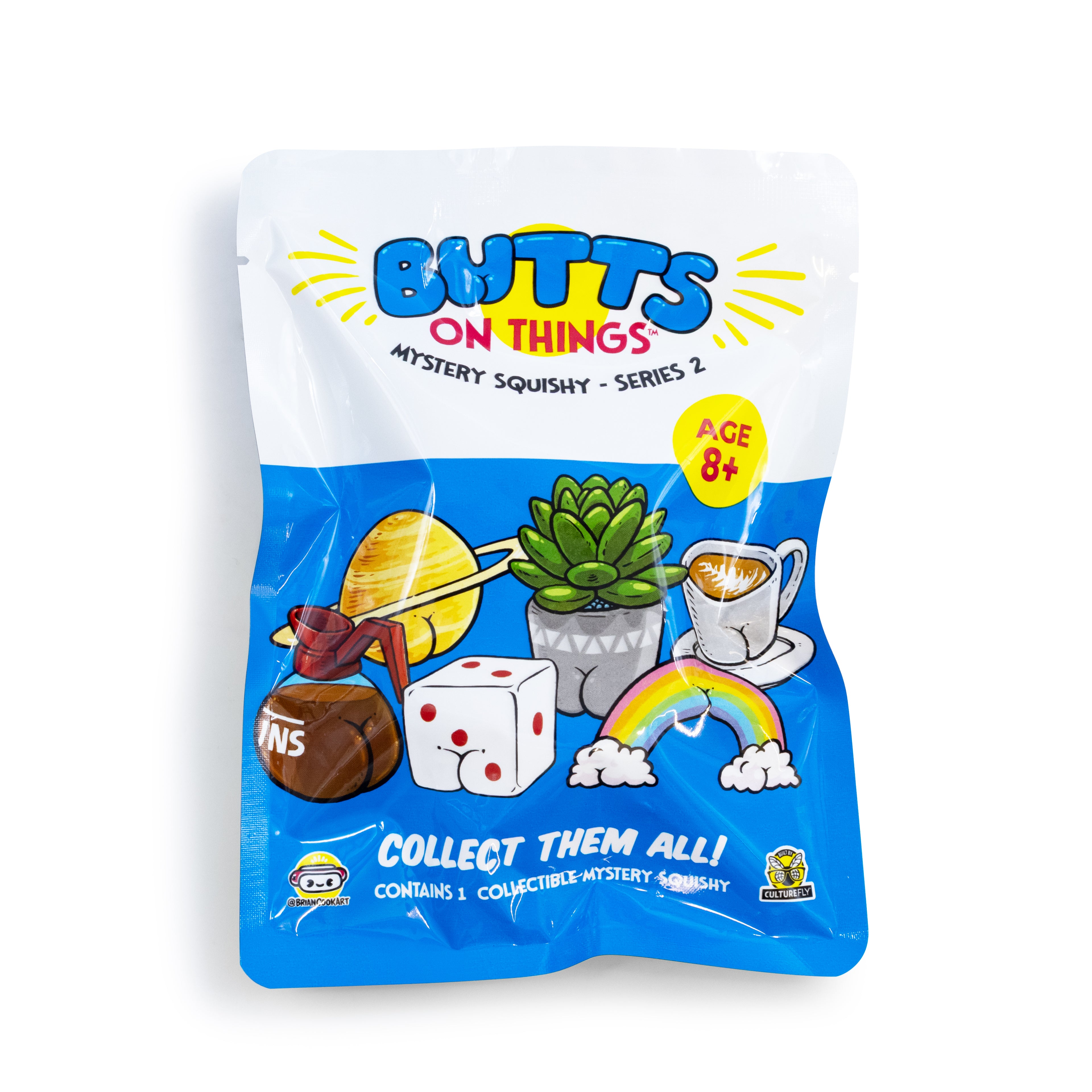 Packaging of 'Butts on Things' mystery squishy toy series with colorful graphics and text.