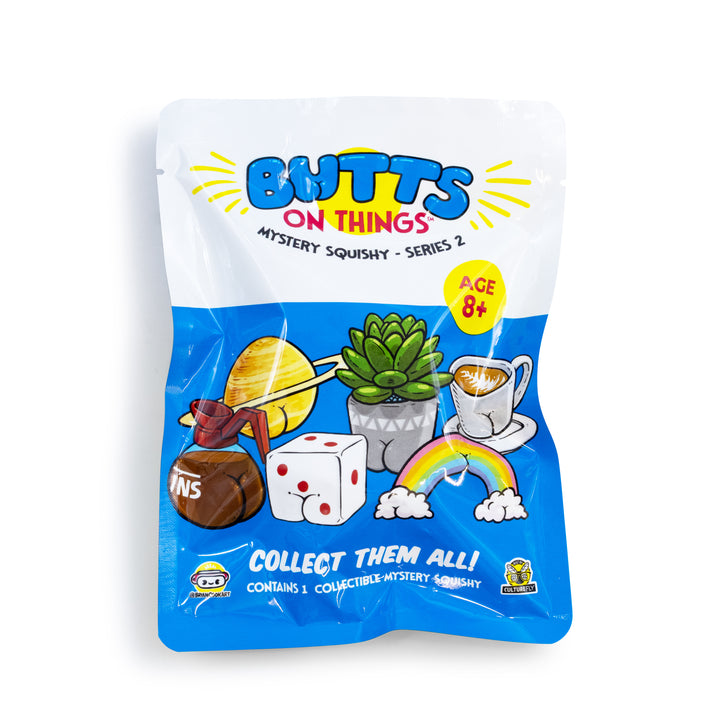 Packaging of 'Butts on Things' mystery squishy toy series with colorful graphics and text.