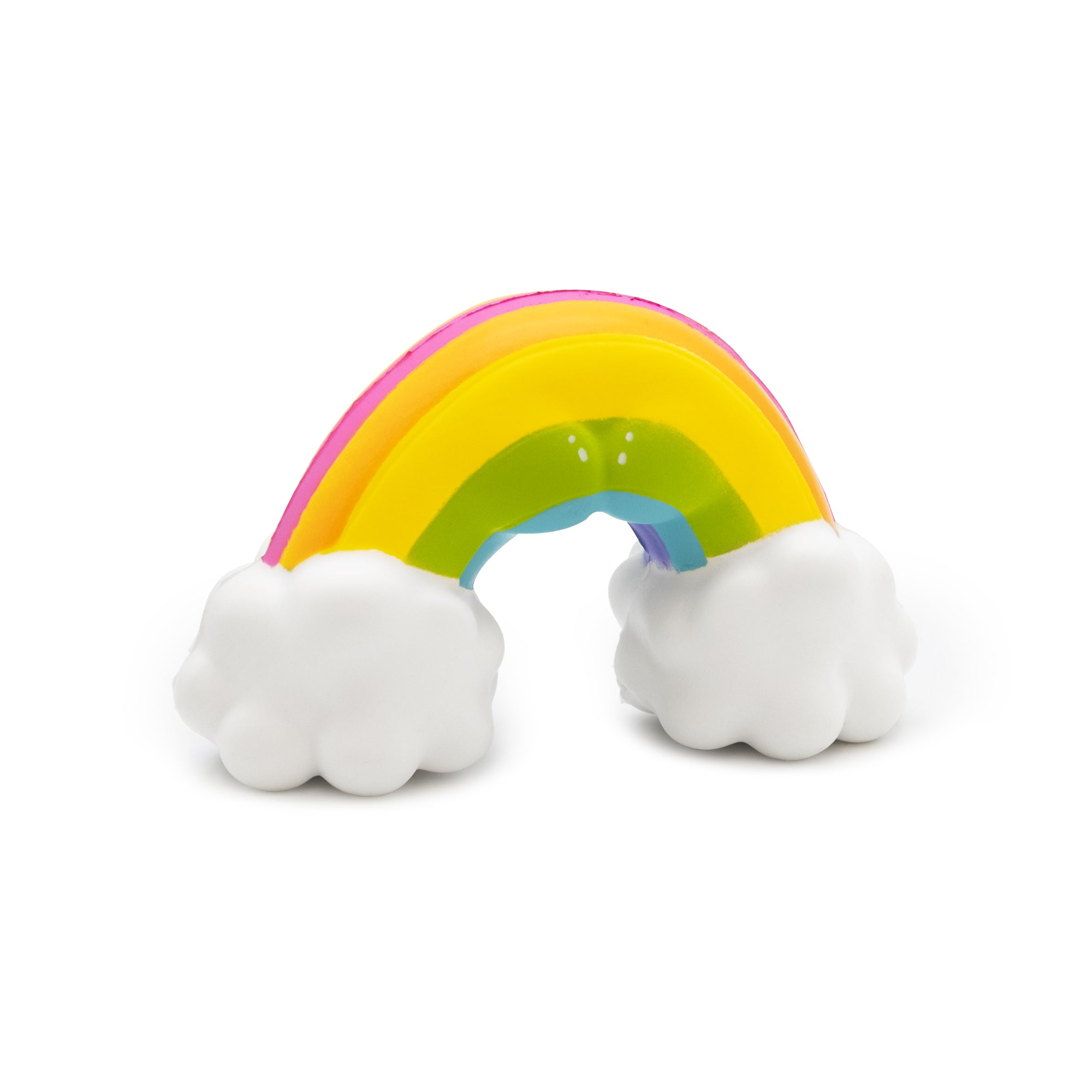 Colorful rainbow toy with white clouds on a white background