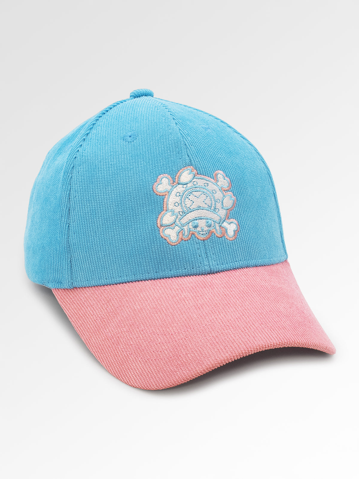 Blue and pink cap with a turtle design on a white background