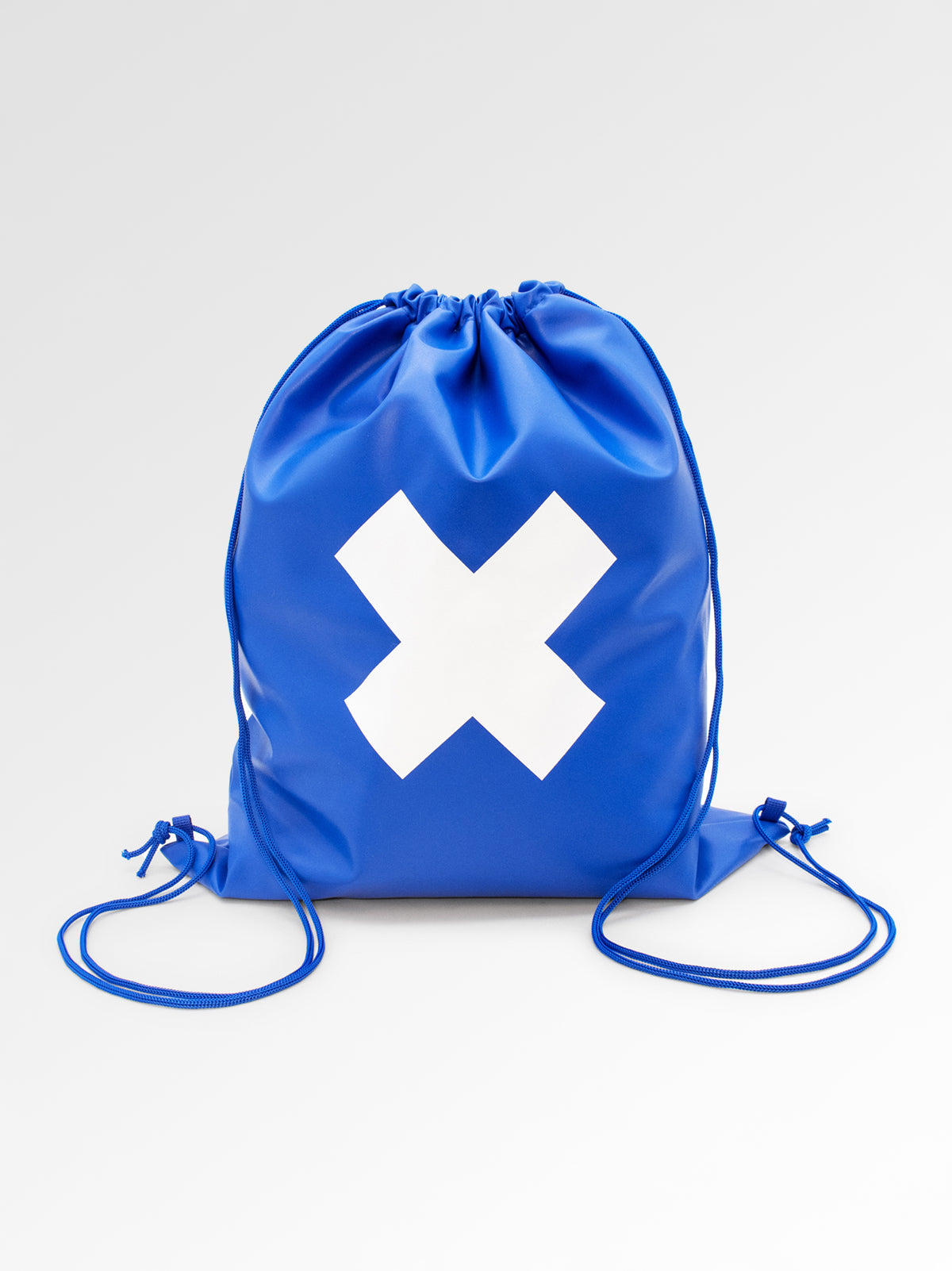 Blue drawstring bag with a white 'X' on a light gray background