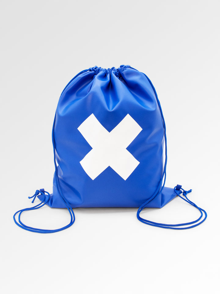 Blue drawstring bag with a white 'X' on a light gray background