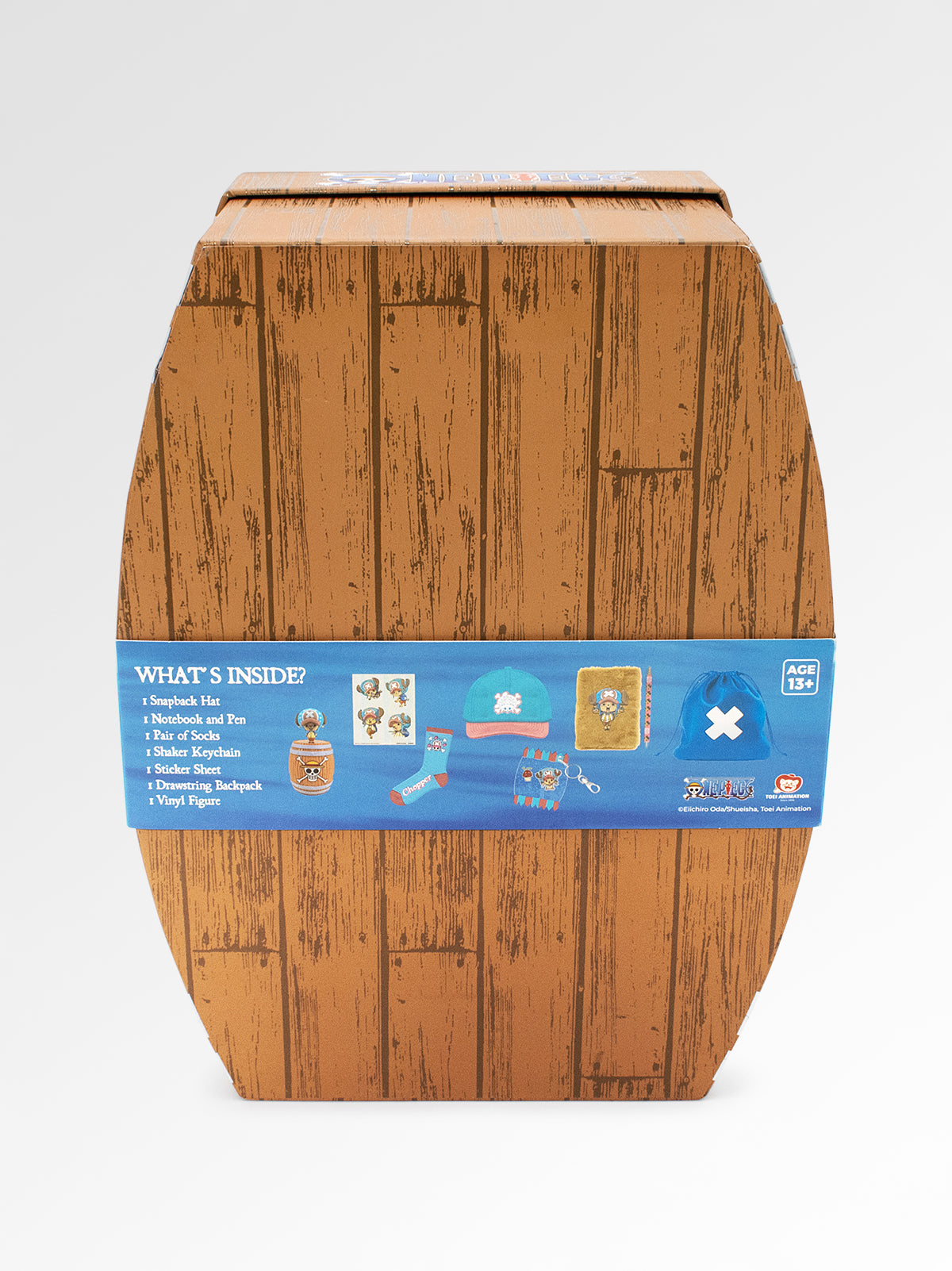 Wooden barrel-shaped box with a blue label on a white background