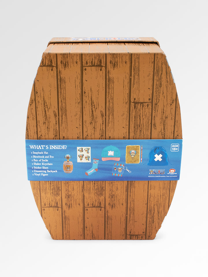 Wooden barrel-shaped box with a blue label on a white background