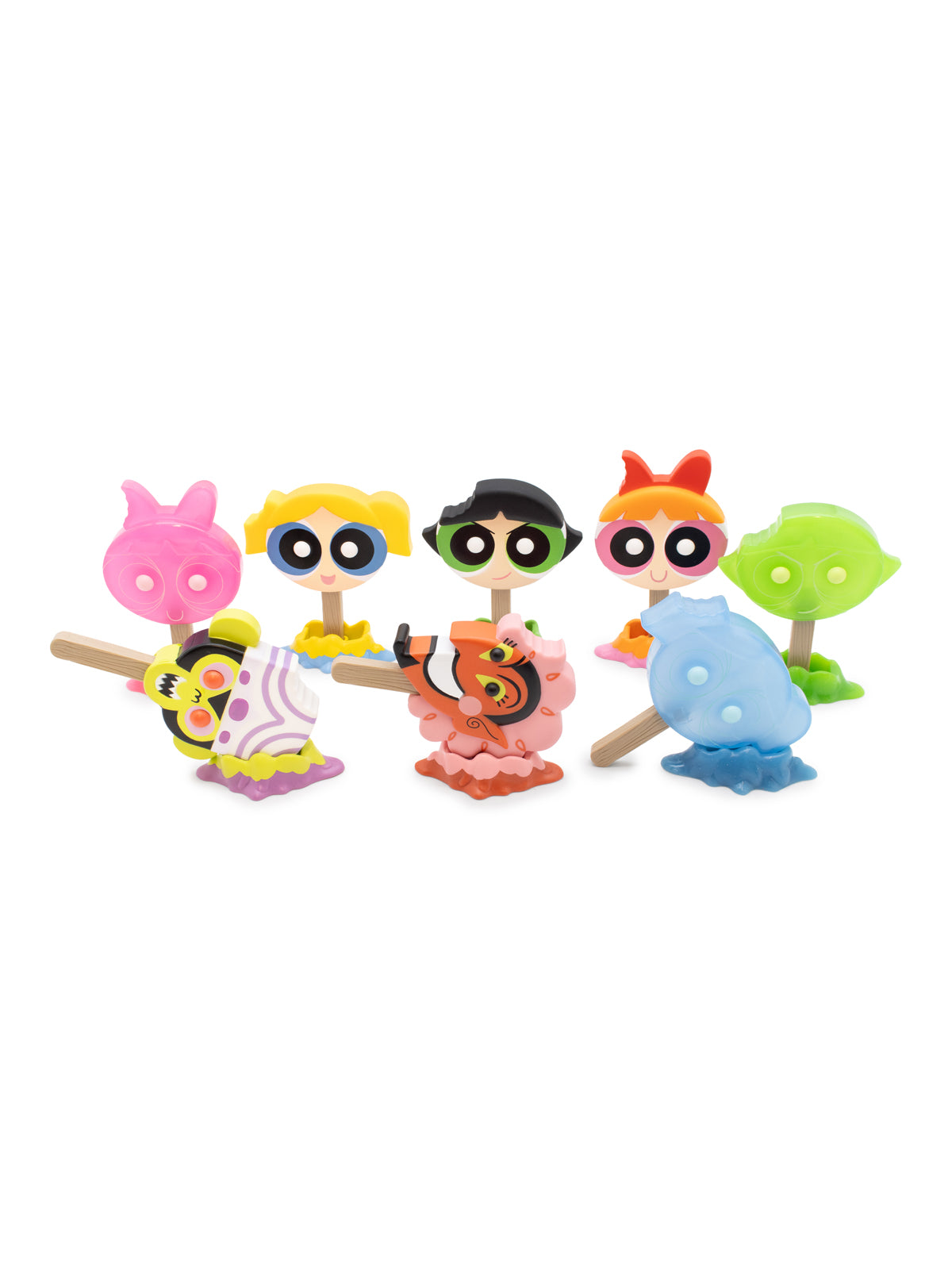 Set of colorful cartoon character figurines on a white background