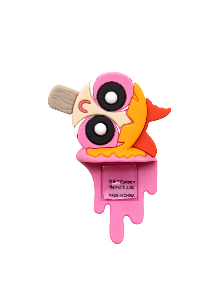 A colorful cartoon character figurine resembling a melting pink popsicle or ice cream scoop, with large black-and-white eyes, a beige brushstroke shape on the left, and orange and red details, shown on a plain white background. 