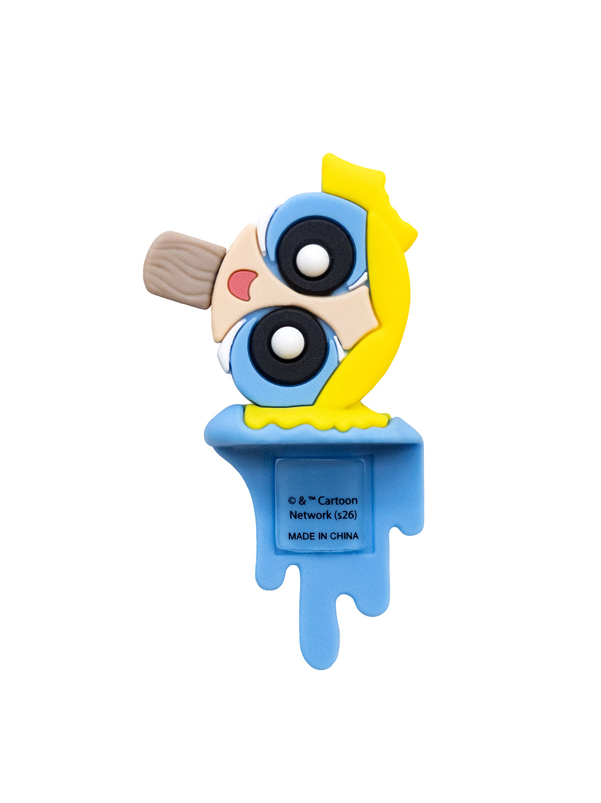 A cartoon-style pop toy shaped like a cartoon character with yellow hair, large black-and-white eyes, and a beige face, shown on a plain white background.