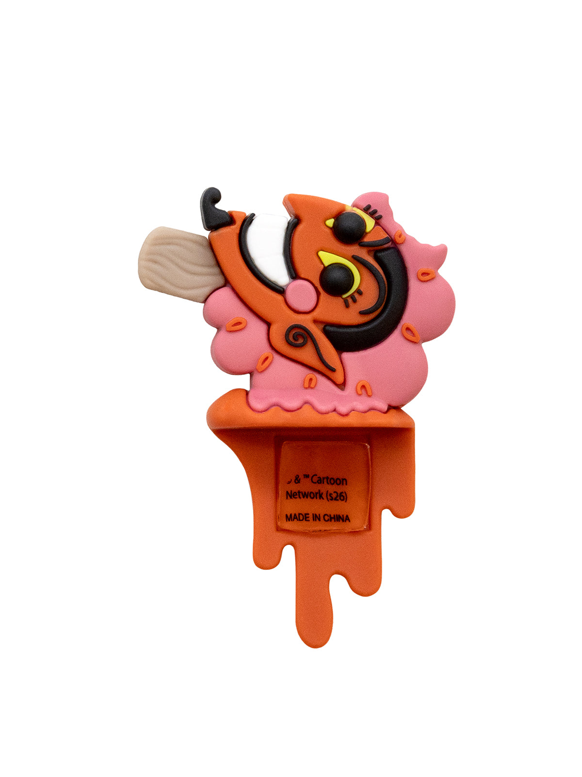 A 3D cartoon character figure shaped like a melting ice cream cone, featuring orange and pink colors with a beige stick, shown on a plain white background.