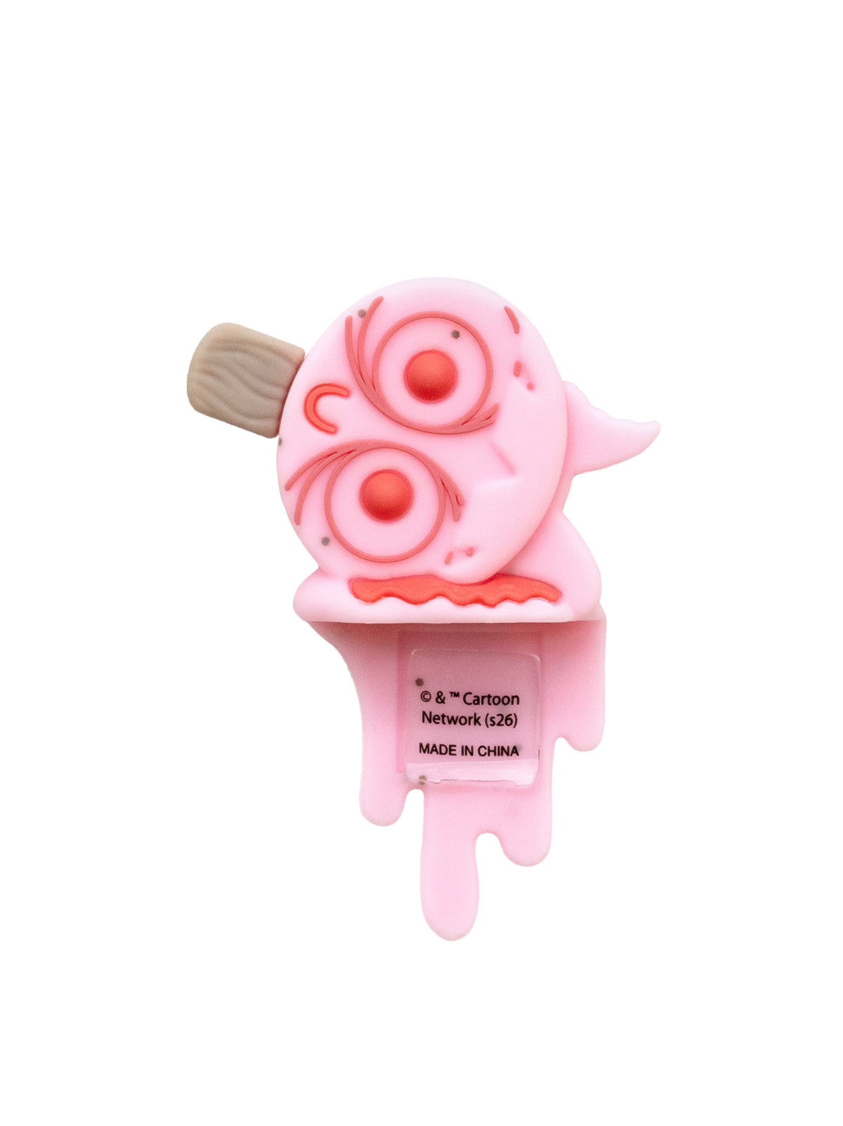 A pink cartoon character novelty item shaped like a melting popsicle or character figure on a white background.
