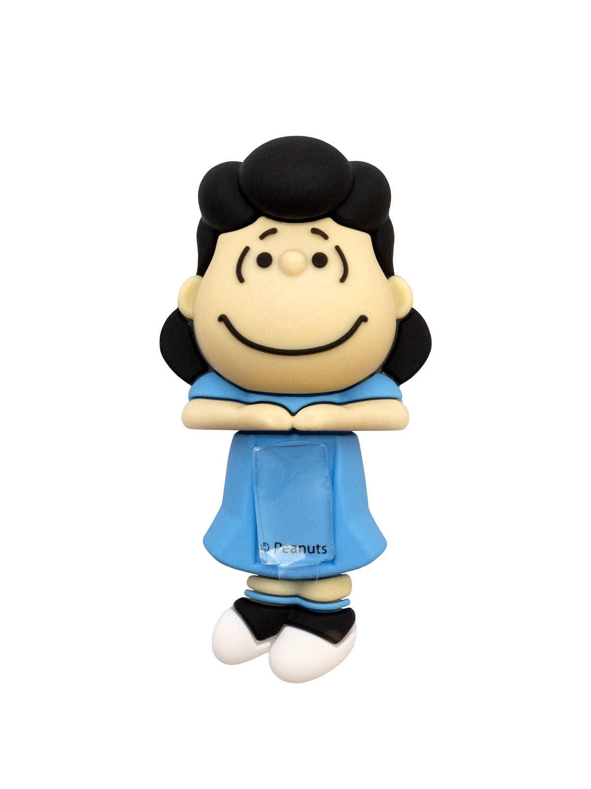 A Peanuts character figurine of Lucy van Pelt with arms crossed, wearing a blue dress and black hair, on a plain white background.