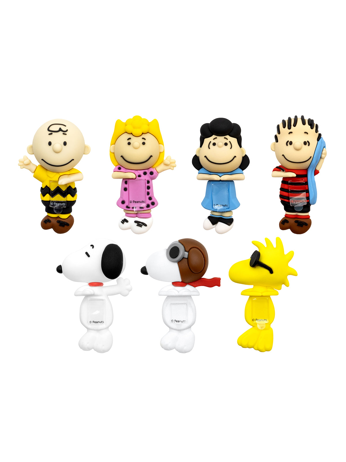 A set of seven Peanuts character figures, including Charlie Brown, Snoopy, Woodstock, and other iconic characters, arranged on a plain white background.
