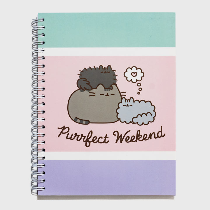 spiral notebook. image: pusheen, pip, and stormy sleeping. dream cloud has a heart inside. text: purrfect weekend