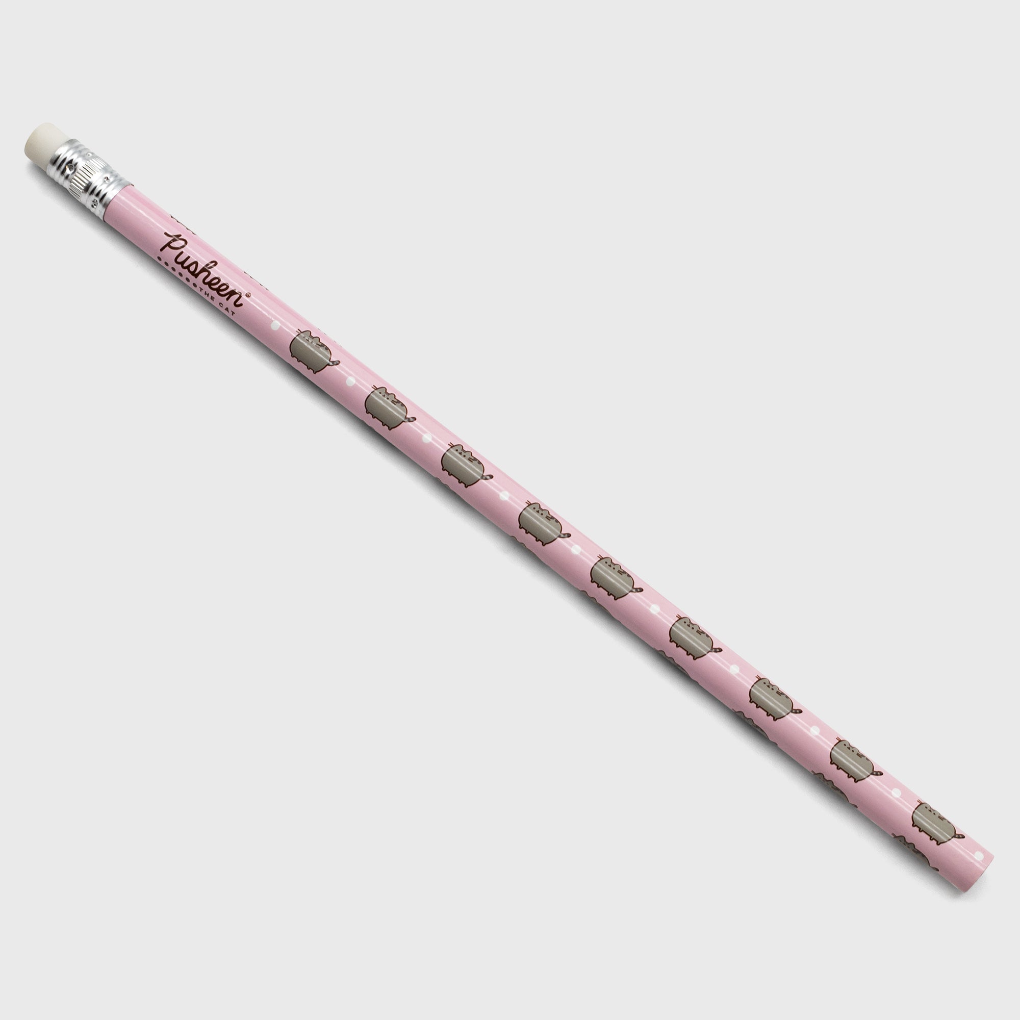 pencil. pattern: pusheen and circles. text: pusheen the cat.