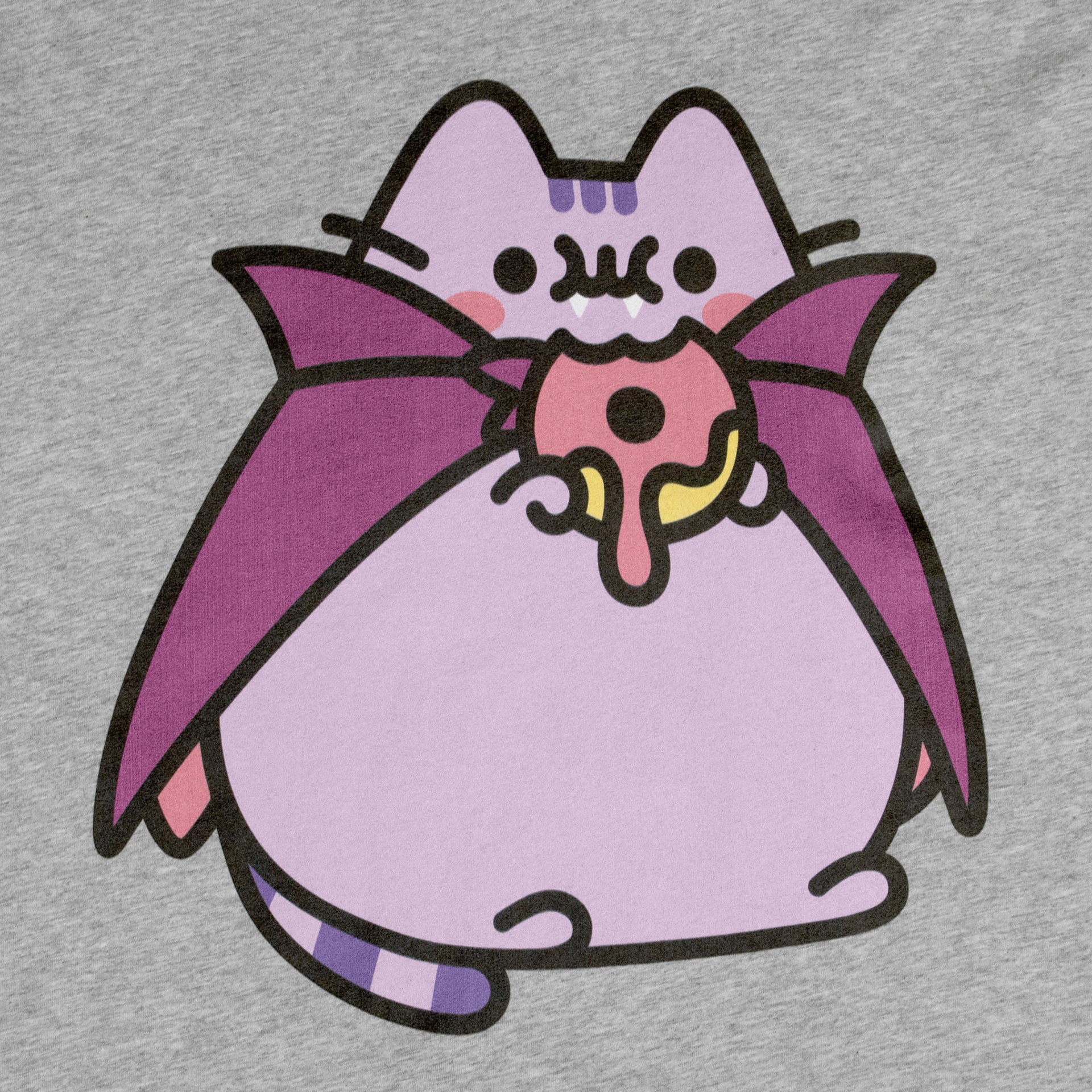 image on shirt: vampurr pusheen eating a jelly donut that is dripping.