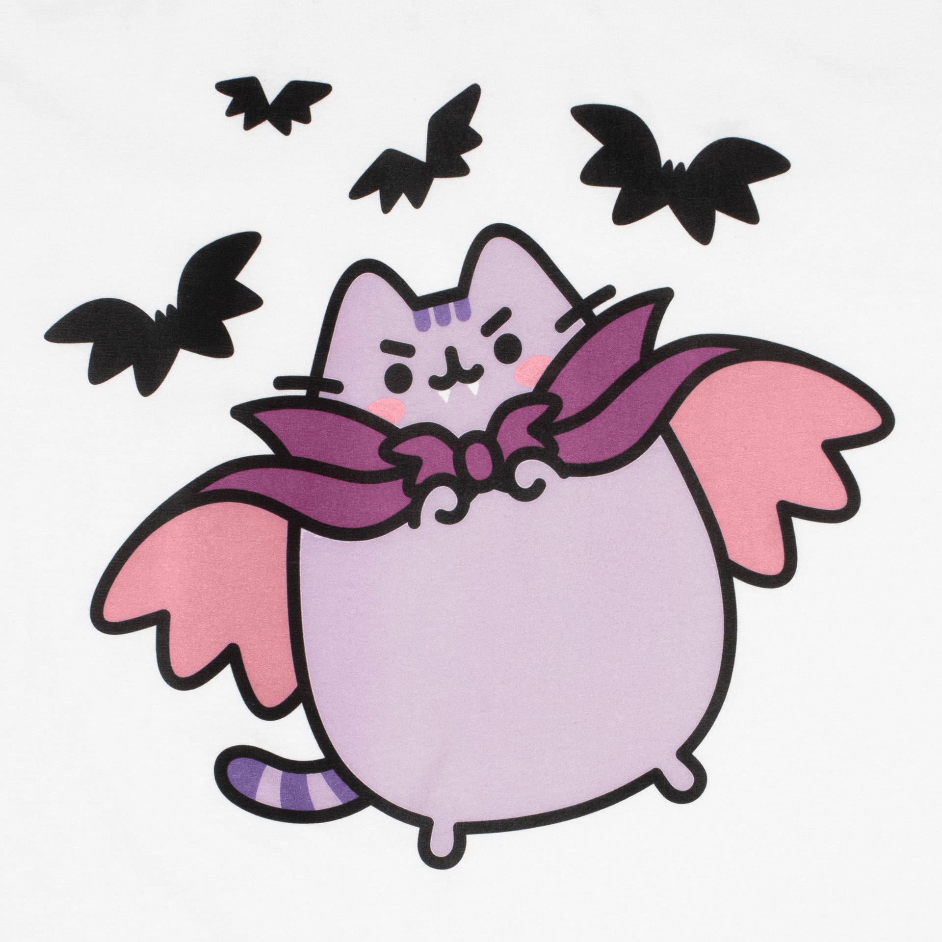 image on shirt: vampurr pusheen with 4 bats around her.