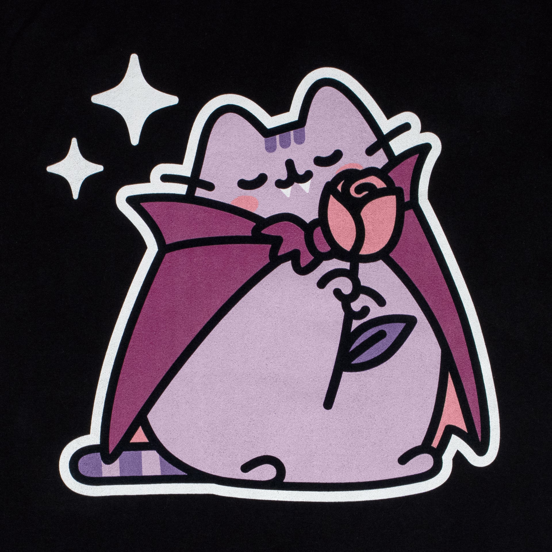 image on shirt: vampurr pusheen hold red rose in hands. 2 sparkles by head