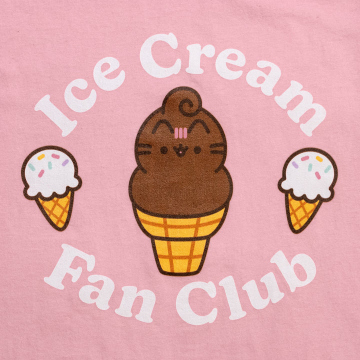 image on shirt: chocolate pusheen ice cream cone in the middle and 2 vanilla ice cream cones with sprinkles on left and right sides. text: ice cream fan club