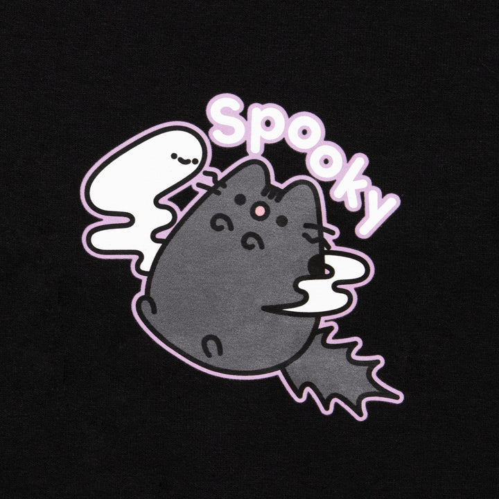 close up of image on front pocket of hoodie. image: scaredy cat pusheen with ghost. text: spooky