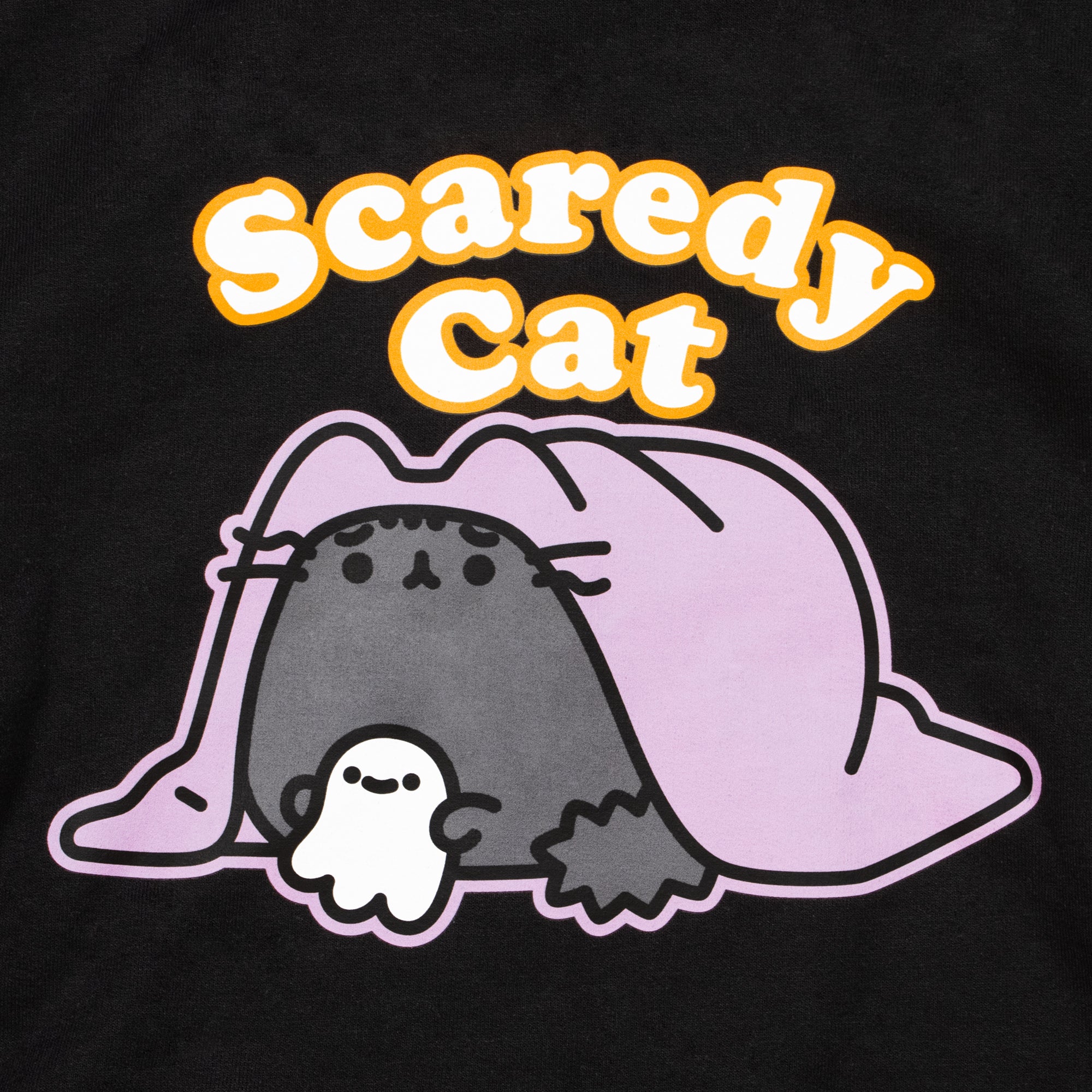 close up of image on back of hoodie. image: scaredy cat pusheen holding little ghost and hiding under a blanket. text: scaredy cat