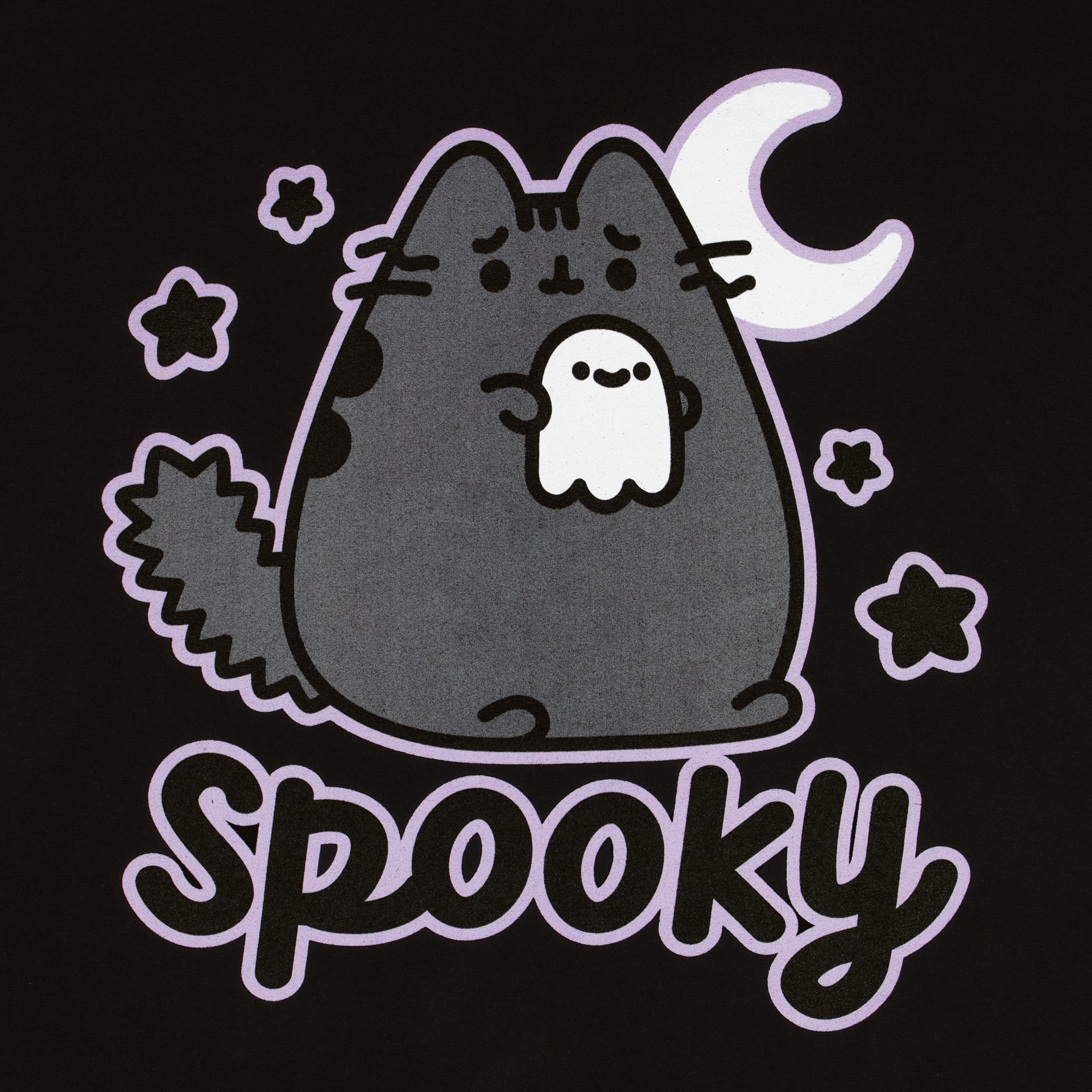 image on shirt: scaredy cat pusheen holding little ghost. 4 stars around her with crescent moon in back. text: spooky