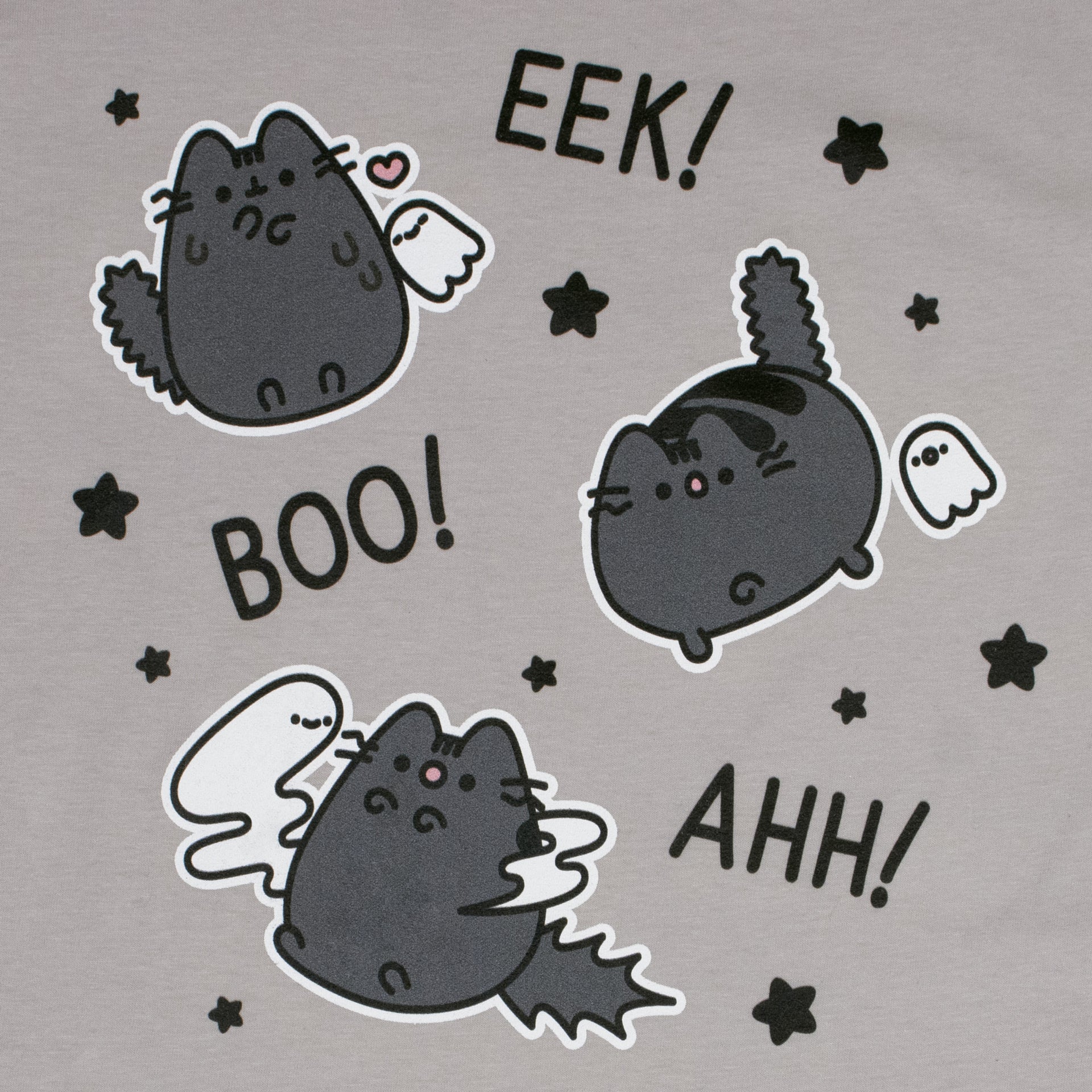 image on shirt: 3 versions of scaredy cat pusheen. one friendly with ghost. one scared of ghost. one with ghost wrapped around her. black stars all around. text: eek! boo! ahh!