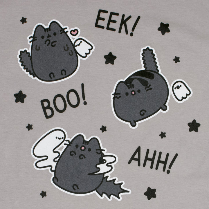 image on shirt: 3 versions of scaredy cat pusheen. one friendly with ghost. one scared of ghost. one with ghost wrapped around her. black stars all around. text: eek! boo! ahh!