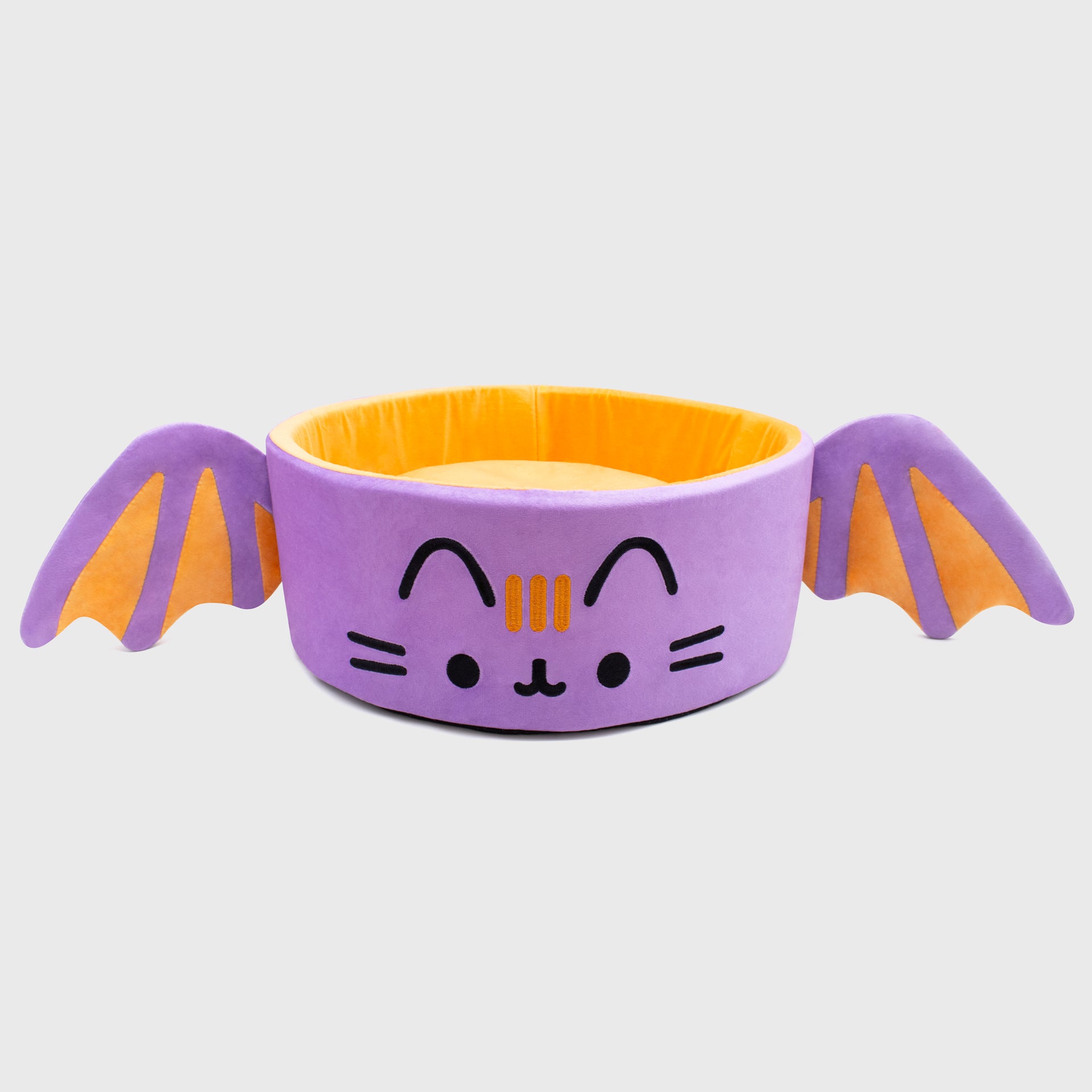 pusheen batsheen cat bed front. 2 wings. pusheen face on front.
