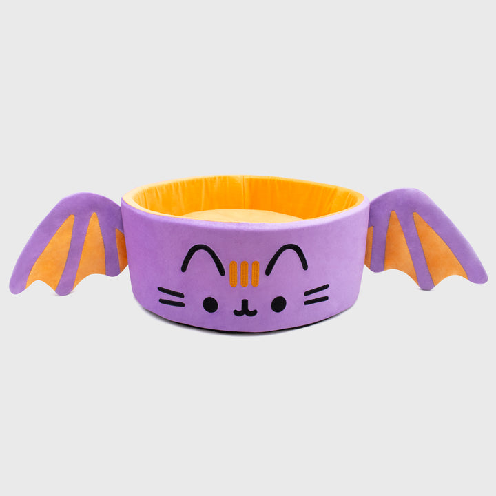 pusheen batsheen cat bed front. 2 wings. pusheen face on front.