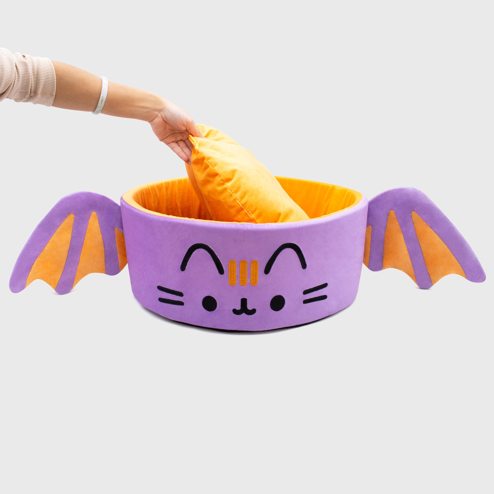 pusheen batsheen cat bed. showing pillow inside bed.