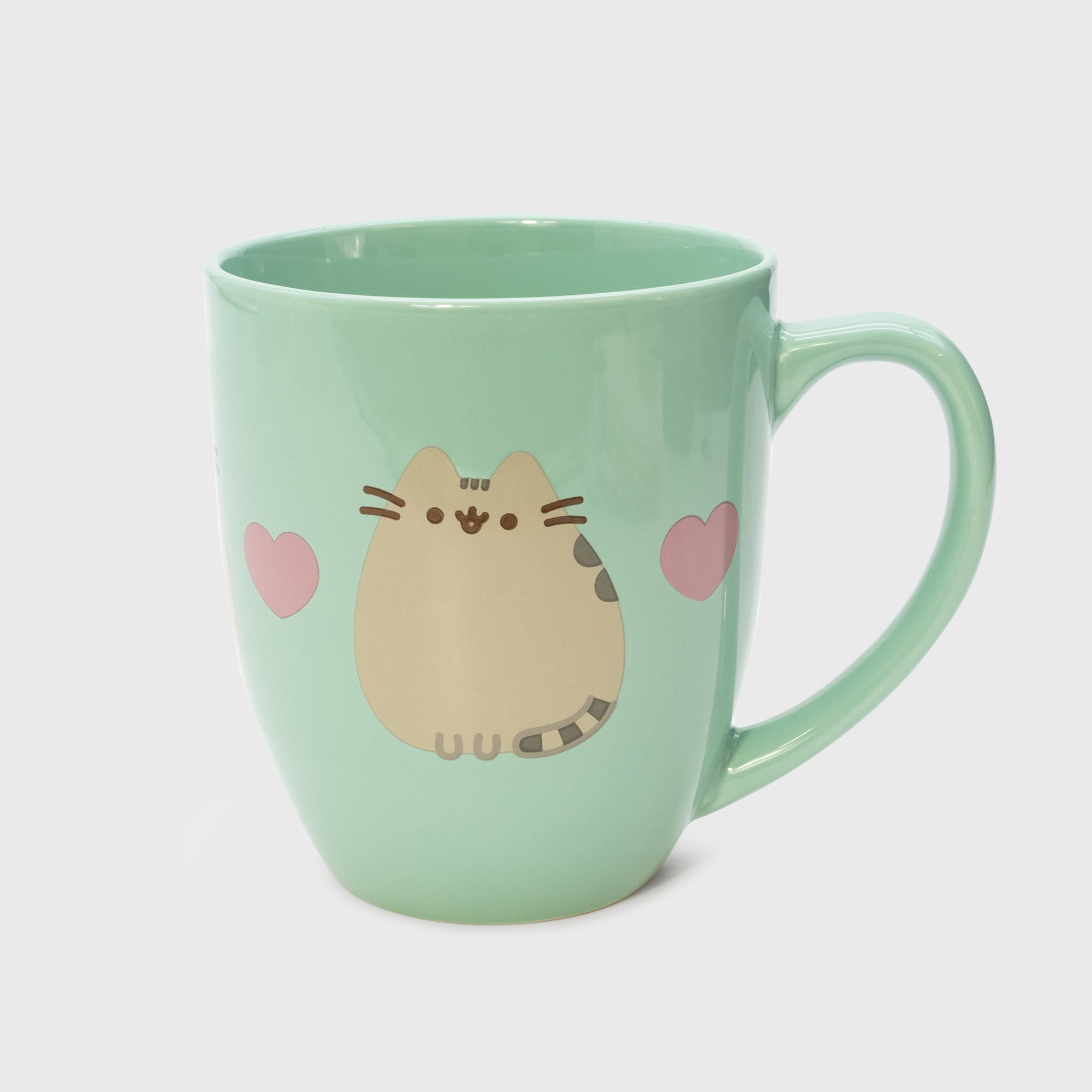 one of mug. pusheen sitting. 2 hearts.