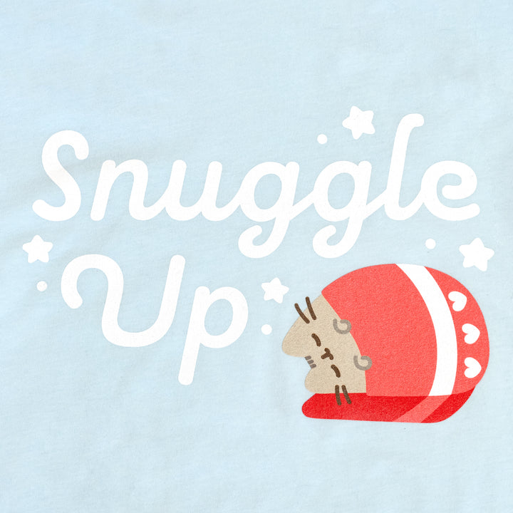 image on shirt: pusheen rolled up in blanket that has hearts on it. stars around. text: snuggle up