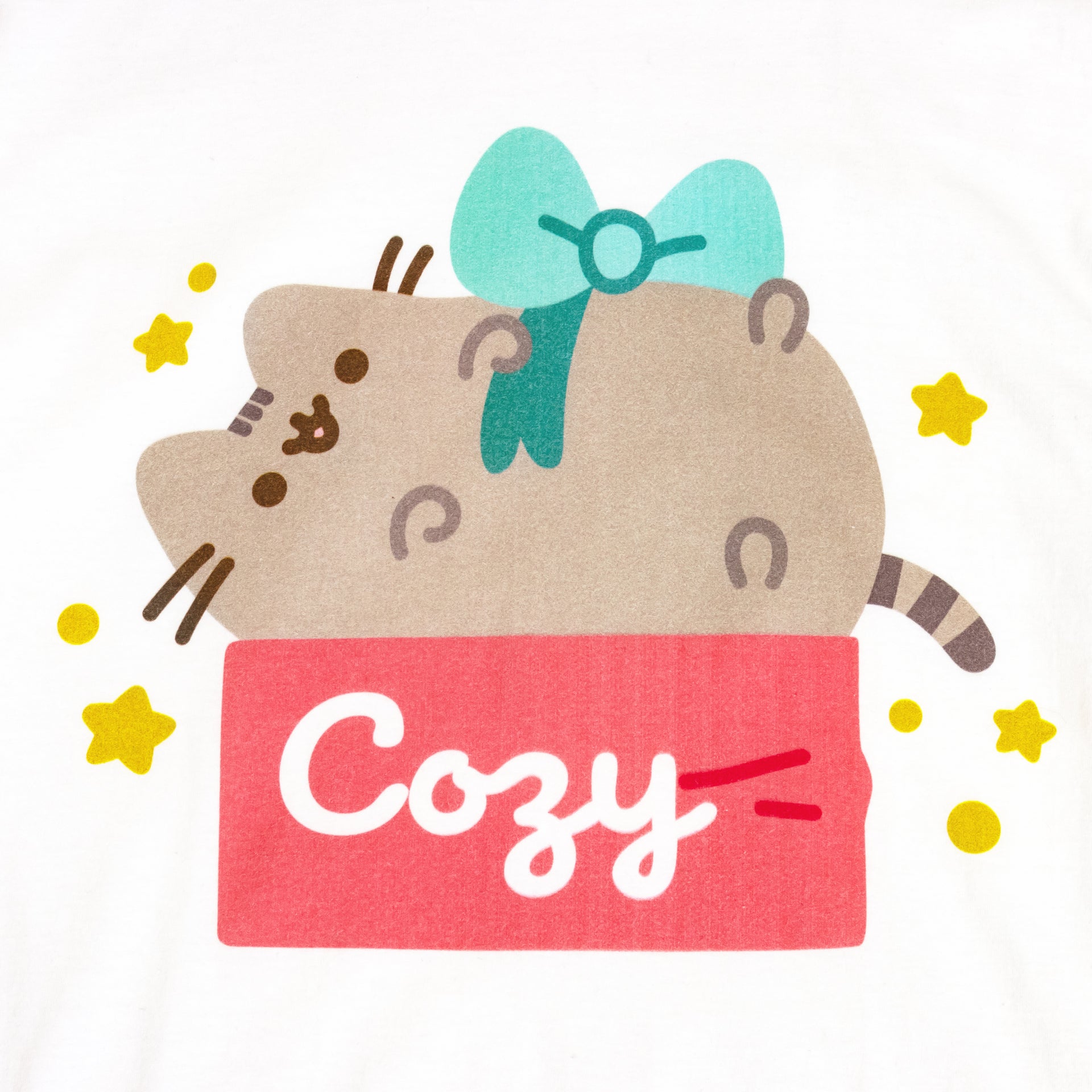 image on shirt: pusheen laying on top of box like present. bow wrapped on her. stars. text on box: cozy