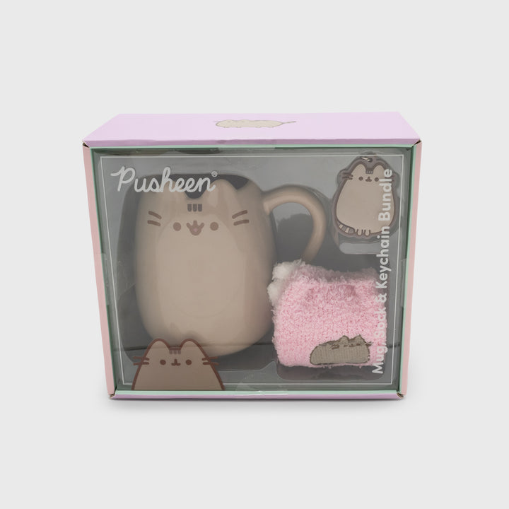 pusheen mug, sock, & keychain bundle packaging
