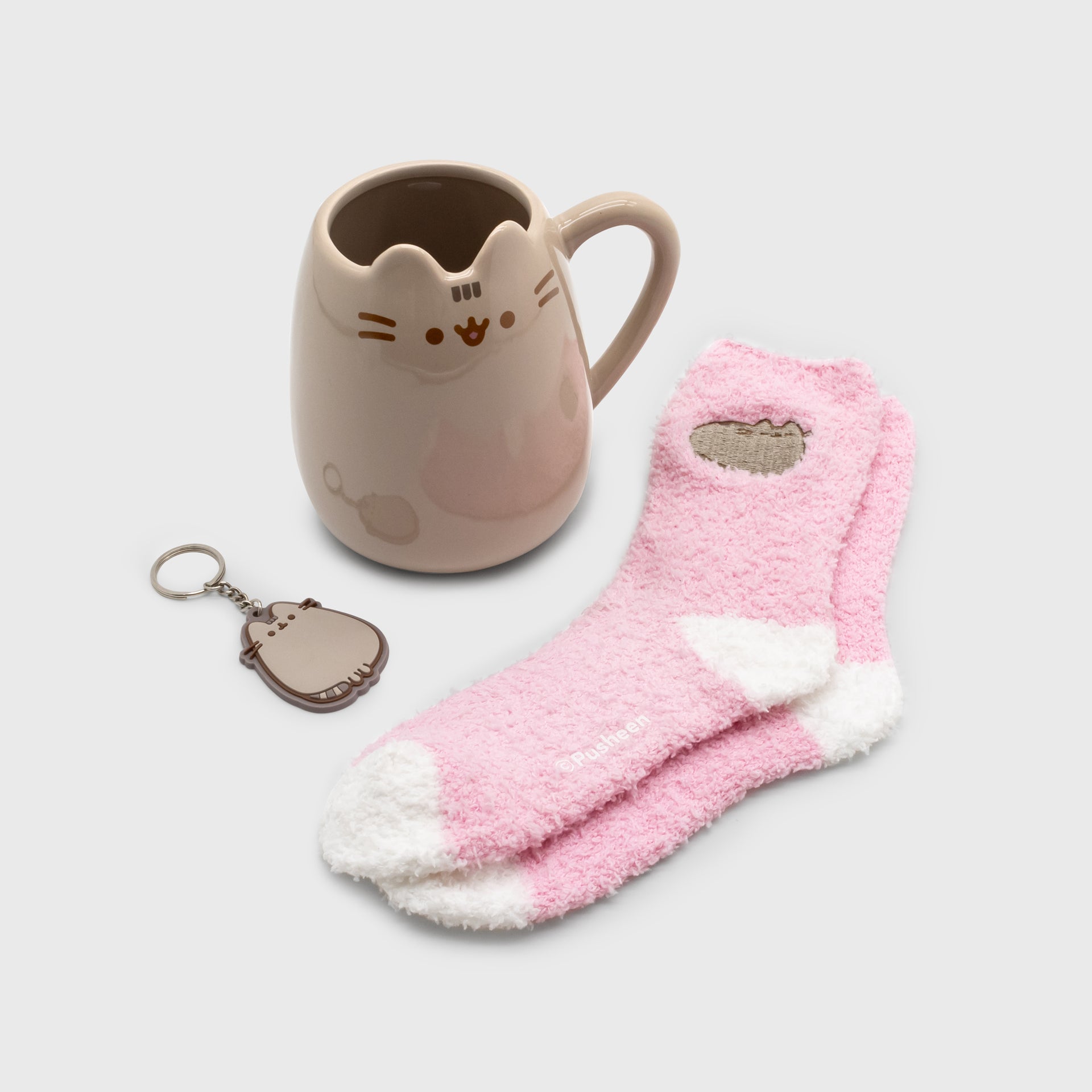 pusheen mug, pusheen socks, pusheen keychain