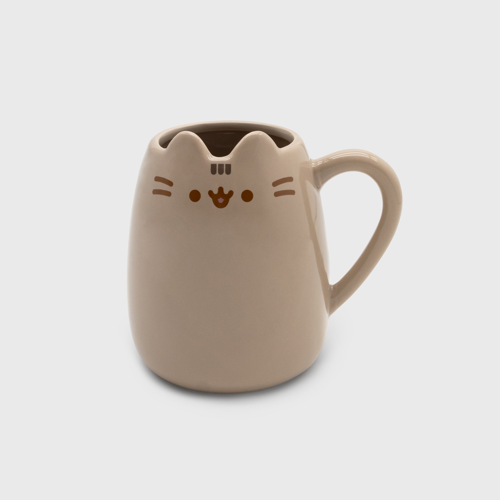 puhseen mug. pusheen's face on mug, little ears on top. handle.
