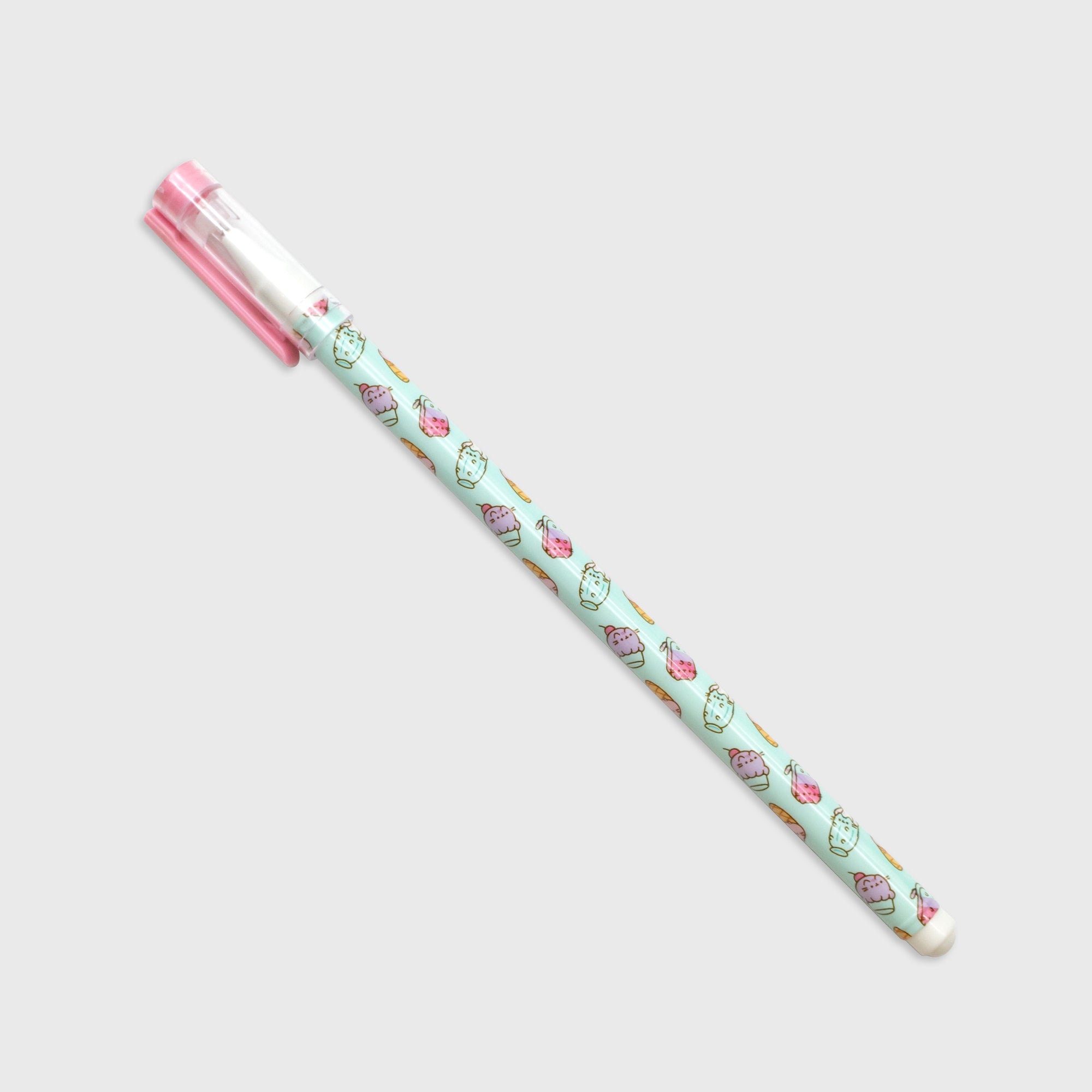 pusheen pen. repeated design on pen: pusheen as ice cream cone, pusheen as sundae, pusheen as popsicle, pusheen as milkshake.