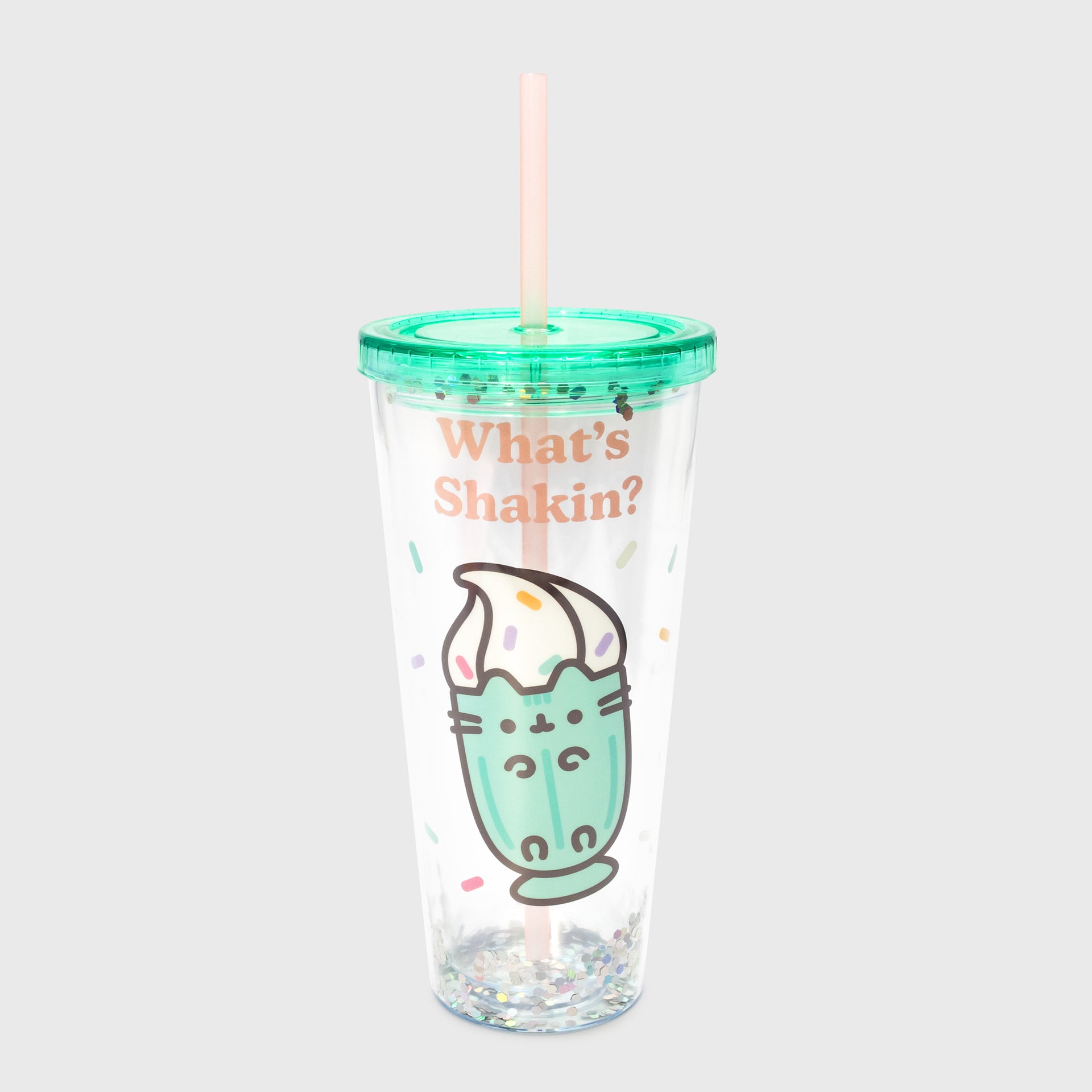 pusheen tumbler. image on side: pusheen as milkshake. sprikles. text: what's shakin?
