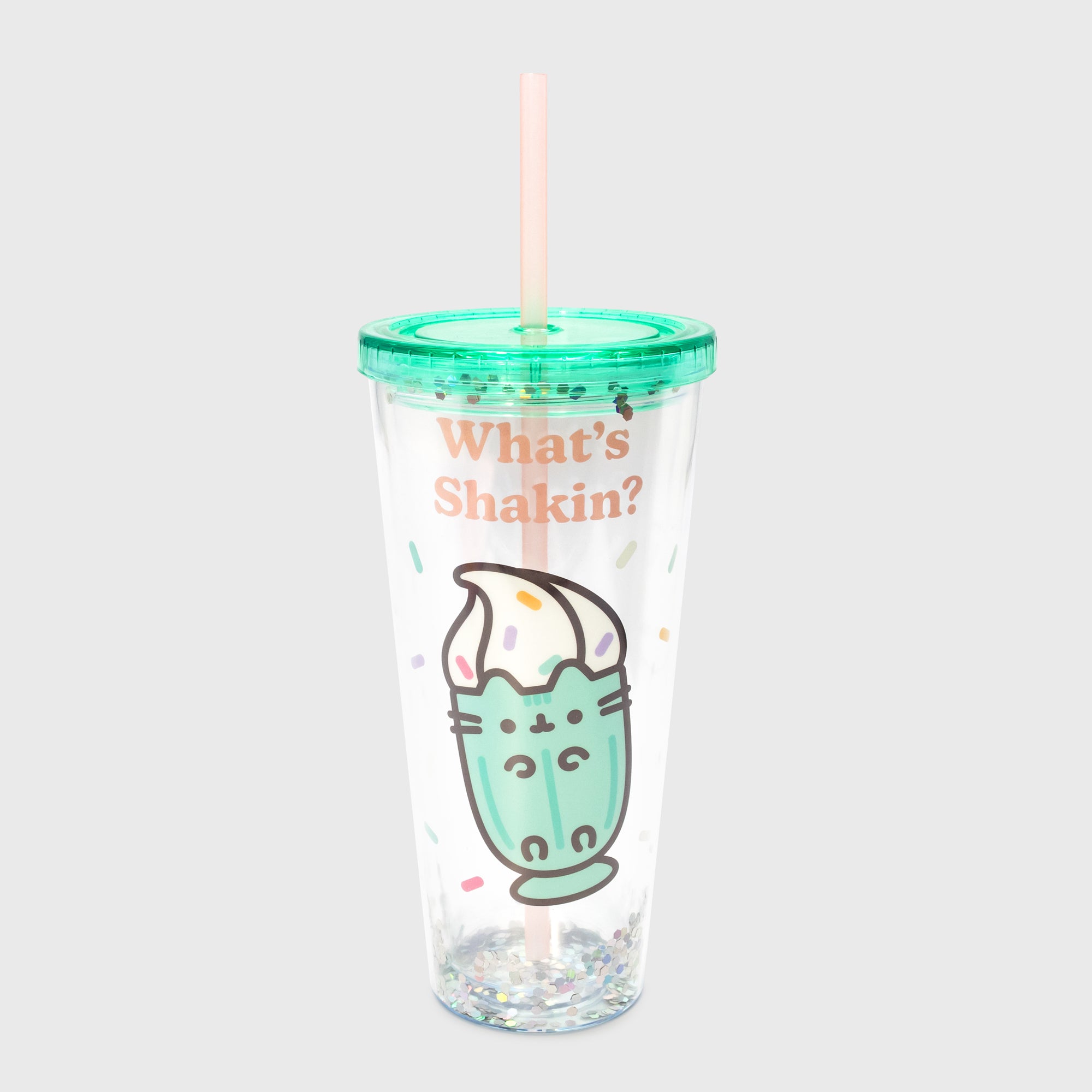 pusheen tumbler. image on side: pusheen as milkshake. sprikles. text: what's shakin?